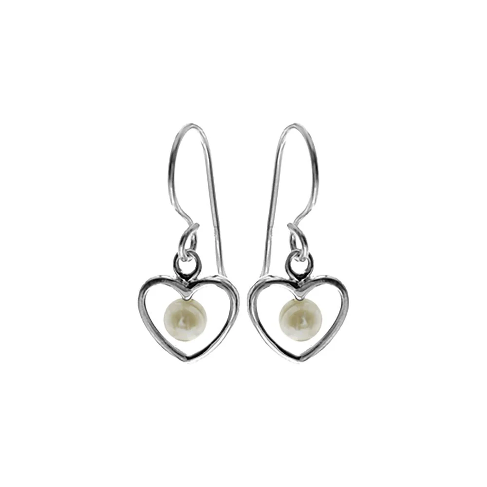 Silver open heart pearl drop earrings