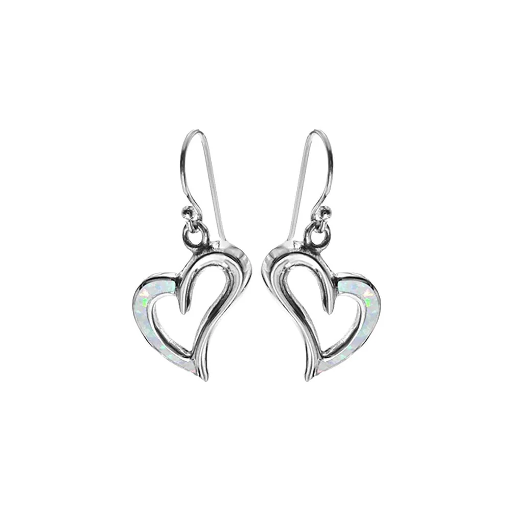 Silver Asymmetric White Opal Heart Earrings