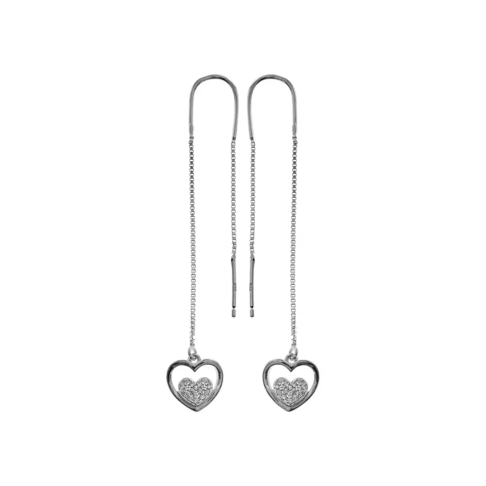 Silver Pull Through Heart CZ Drop Earrings