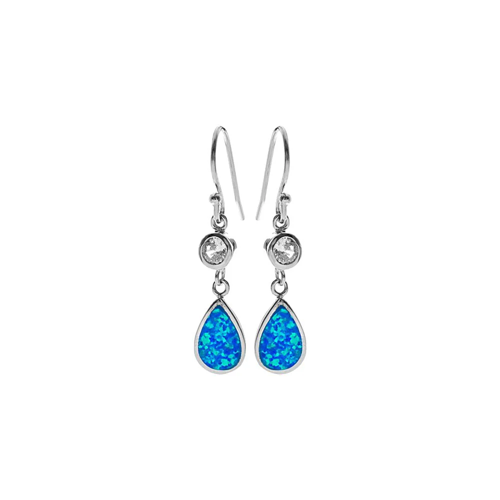 Silver Teardrop Blue Opal and CZ Drop Earrings