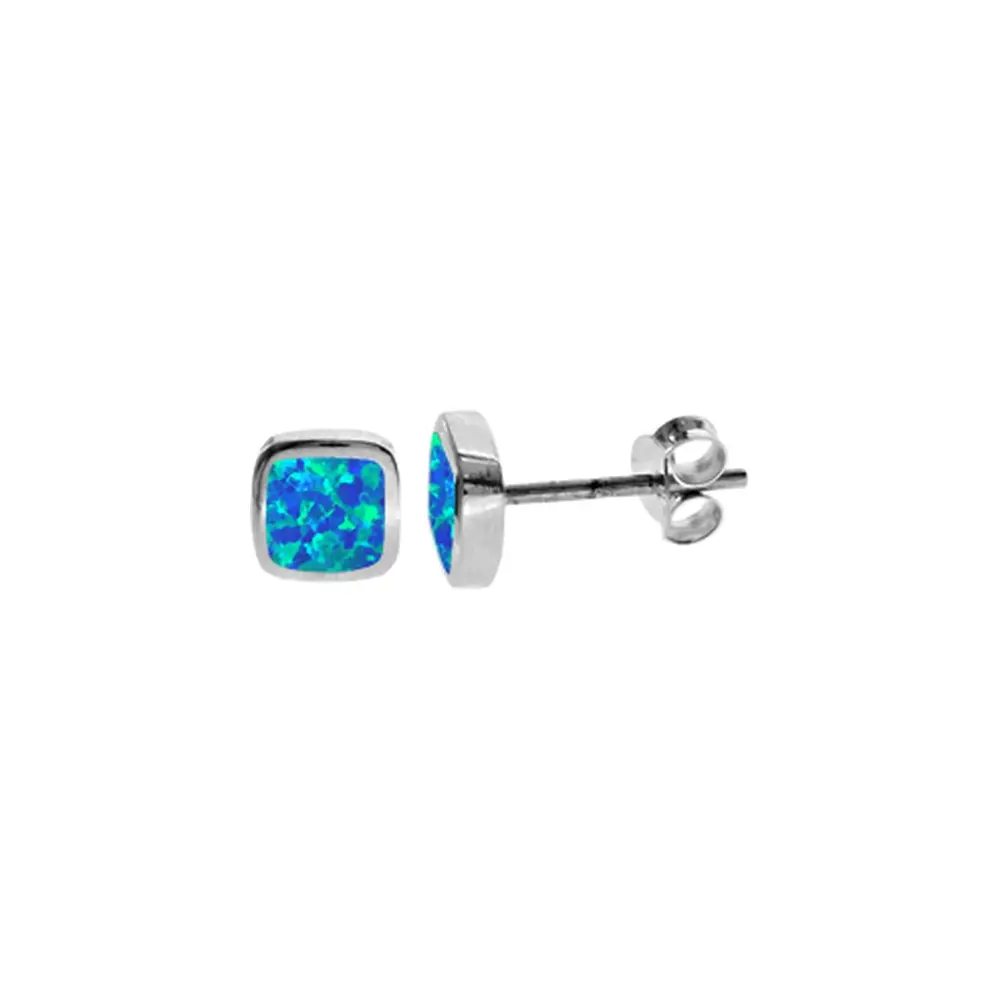 Silver Squircle Blue Opalique Stud Earrings