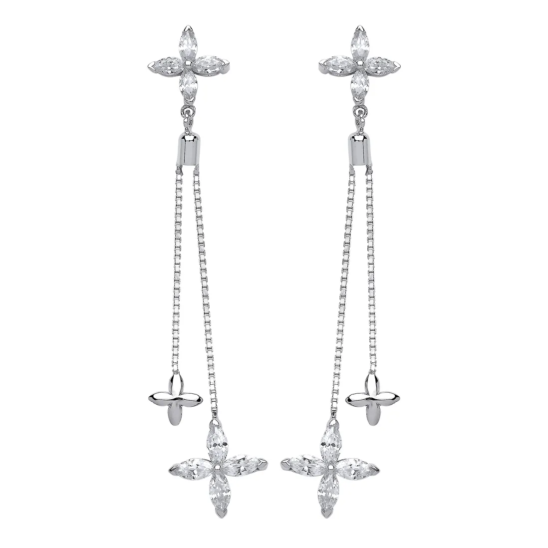 Sterling Silver CZ Flower Chain Drop Earrings