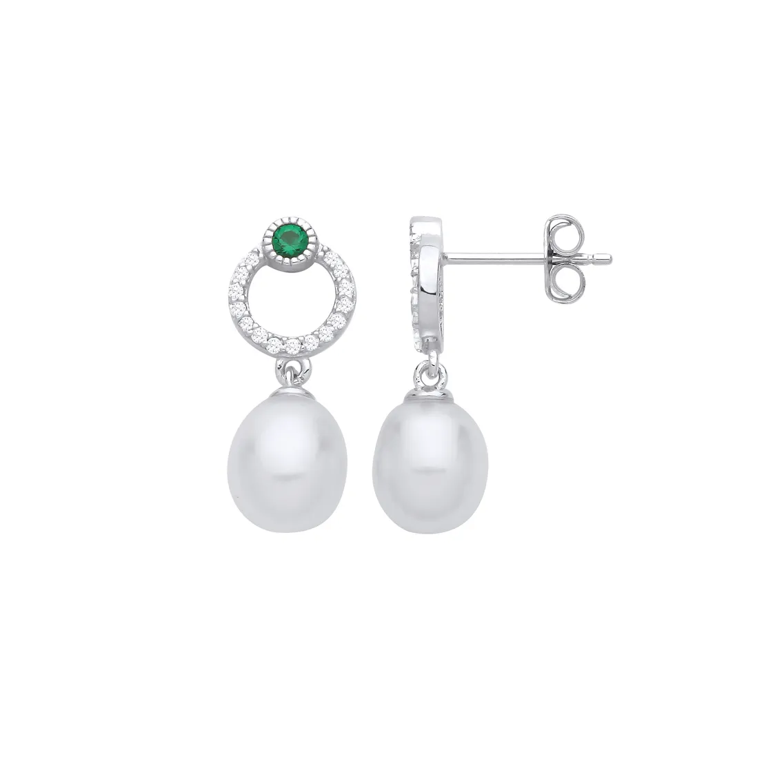 Silver Emerald Green CZ & Rice Shape Freshwater Pearl Drop Earrings