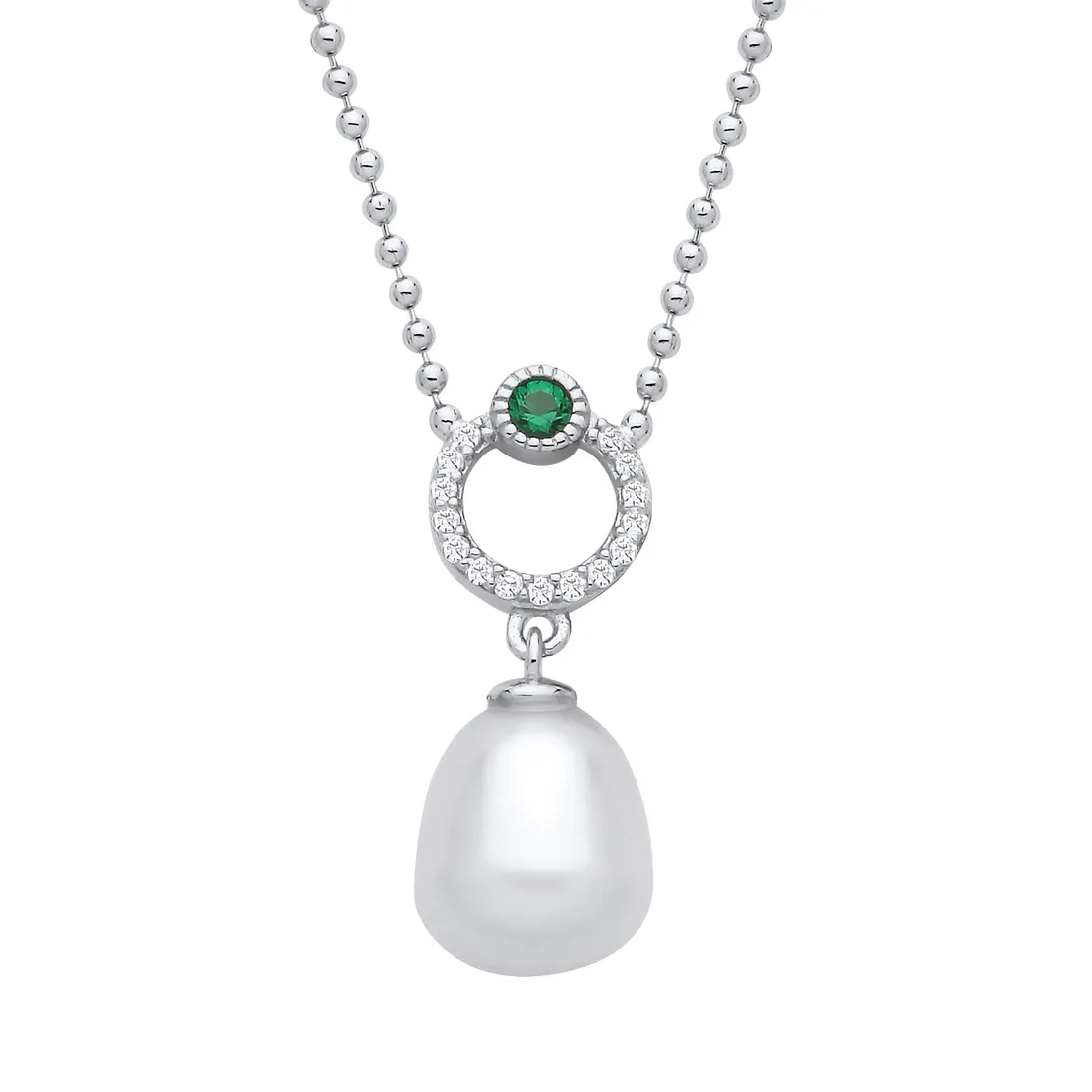 Silver Emerald Green CZ & Rice Shape Freshwater Pearl Necklace