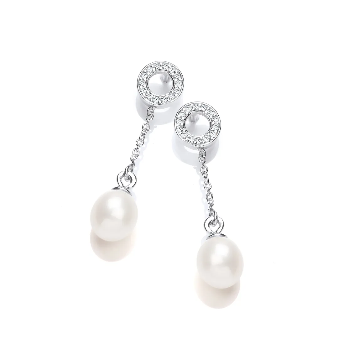 Silver CZ & Pearl Halo Chain Drop Earrings
