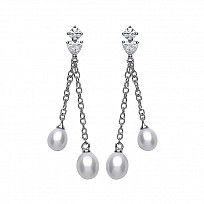 Sterling Silver Freshwater Pearl & CZ Chain Drop Earrings