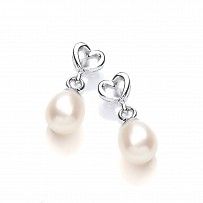 Sterling Silver Fresh Water Pearl & Heart Drop Earrings