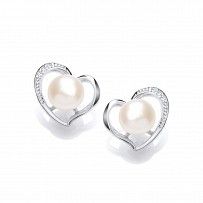 Silver CZ & Fresh Water Pearl Heart Stud Earrings