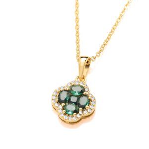 Silver, Gold & Emerald Cubic Zirconia Clover Cluster Necklace - Cavendish French