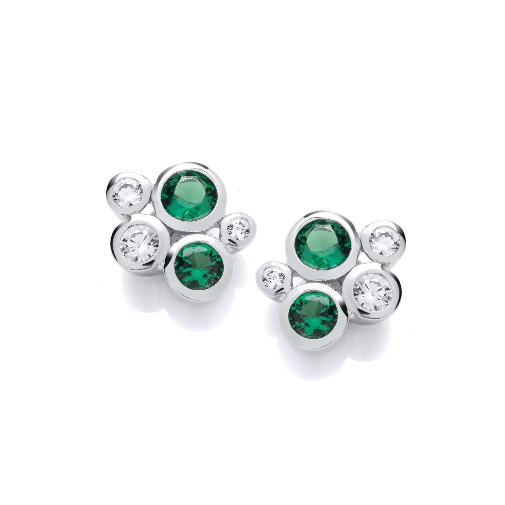 Silver & Emerald Cubic Zirconia Bubble Cluster Earrings - Cavendish French