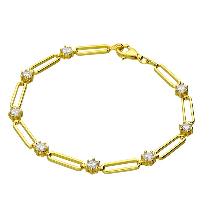 Gold Plated Sterling Silver Paperclip Link CZ Bracelet