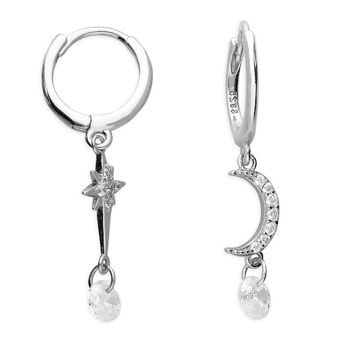 Sterling Silver Asymmetric Moon And Star Hoop Earrings