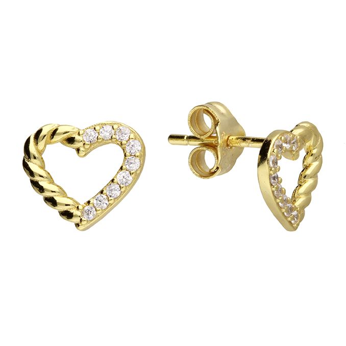 Gold Half Twist Open Heart CZ Earrings