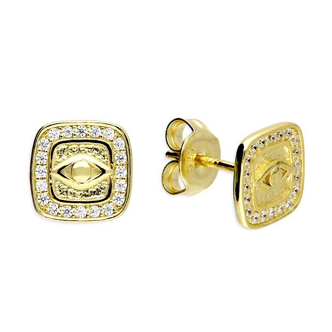Gold Cubic Zirconia Square Evil Eye Stud Earrings