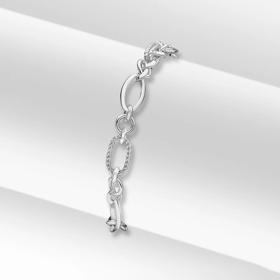 Silver Handmade Oval and Textured Fancy Chain Bracelet
