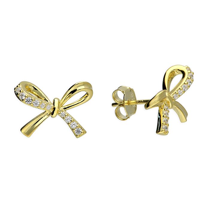 Sterling Silver Gold Plated Cubic Zirconia Bow Stud Earrings