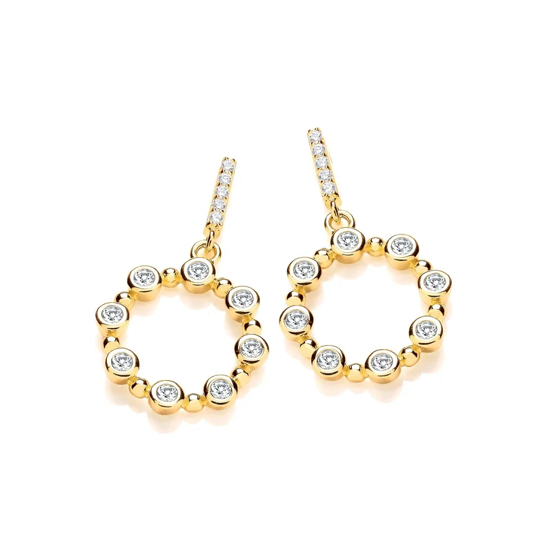 Yellow Gold Plated Sterling Silver Rubover CZs Circle Drop Earrings