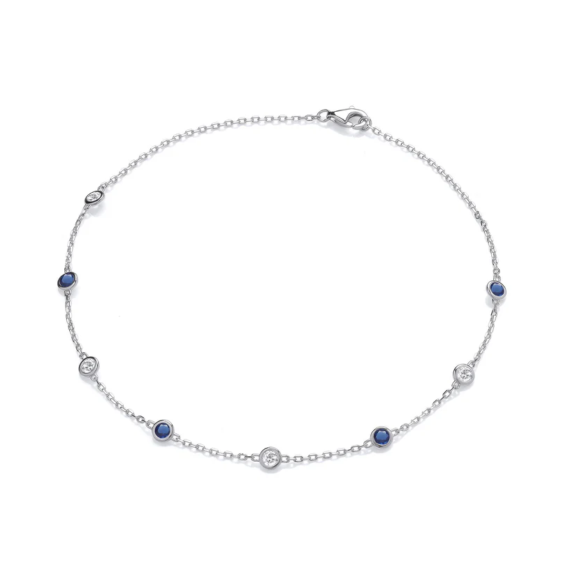 Silver Rubover Blue & Clear Cubic Zirconia Ladies Anklet