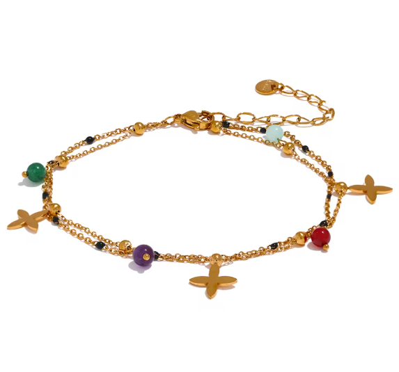 'Dakota' Colourful Natural Stone Bead Flower Chain Beach Anklet