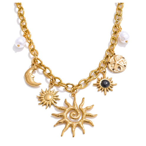 'ATHENA' Starfish Moon Sun Shaped Pendant Charm Statement Necklace