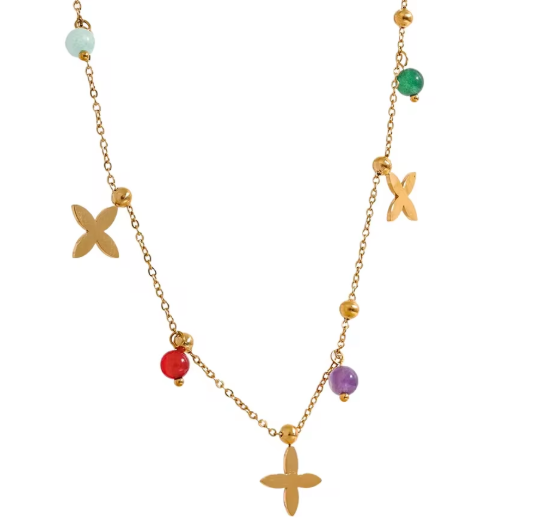 'Dakota' Colourful Natural Stone Bead Flower Chain Beach Necklace