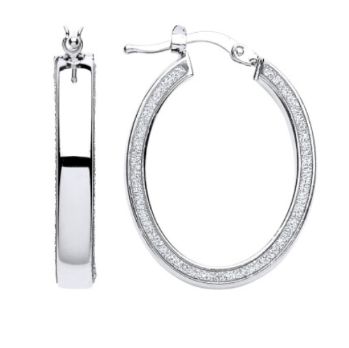 925 Sterling Silver Fancy Oval Moon Dust Hoop Earrings