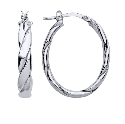 Silver Platinum Plate Flat Twist Oval Hoop Earrings