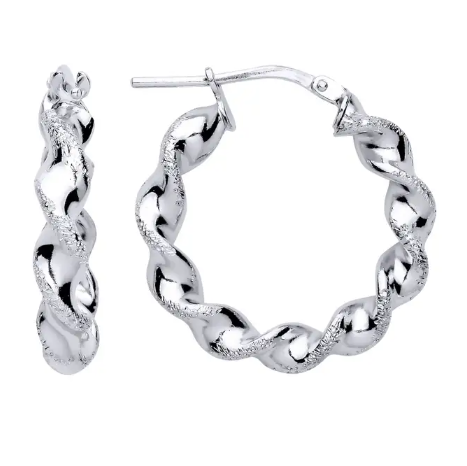 Silver Platinum Plate Twist Frost Hoop Earrings
