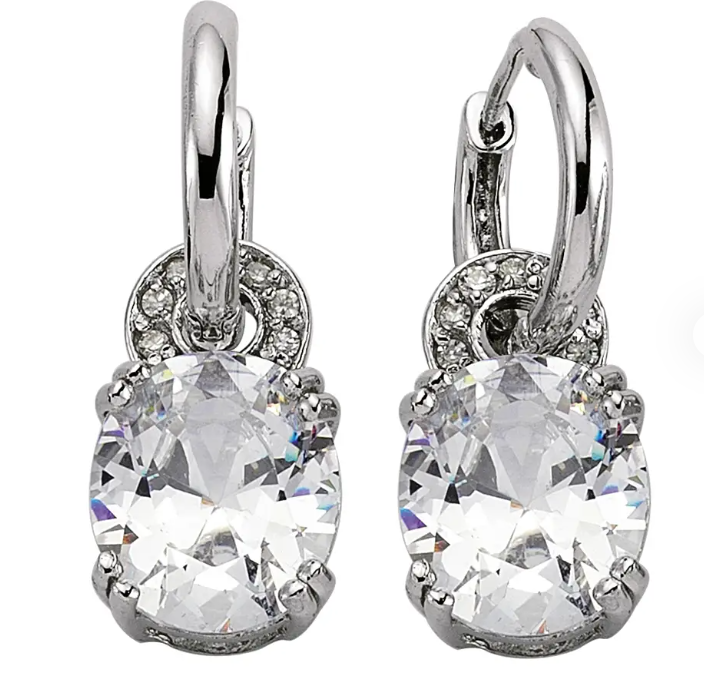 925 Sterling Silver CZ Claw Set Oval Drop Huggie Earrings