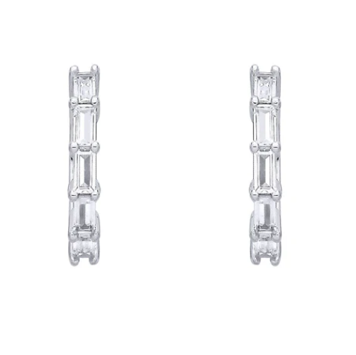 Silver  Baguette CZ Huggie Hoop Earrings