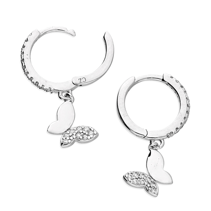 Silver Cubic Zirconia Butterfly Drop Huggie Earrings
