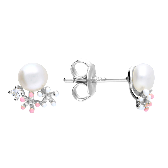 Sterling Silver Flower Pearl And Enamel Stud Earrings