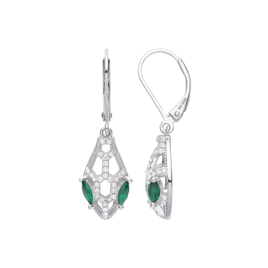 Silver CZ & Emerald Snake Head Drop Earrings