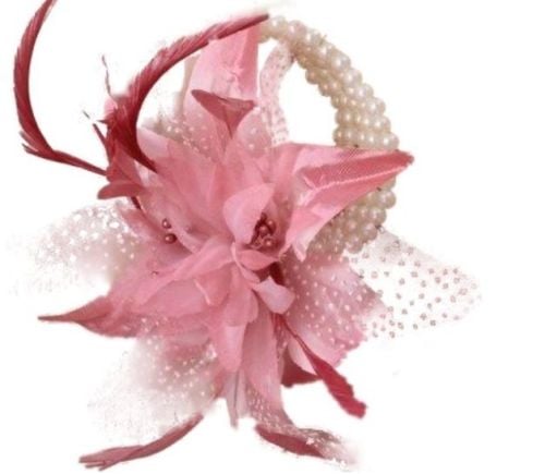 Pink Flower and Spotted Net Wrist Corsage Bracelet  