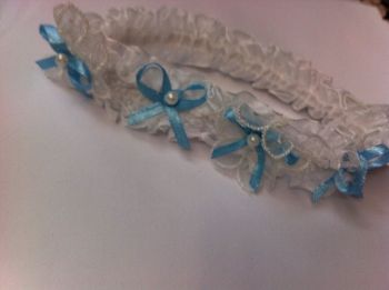 Bride To Be Hen Party / Wedding Garter - White With Blue Bows and Pearls 