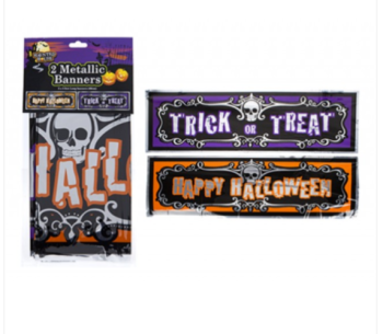      Large Haunted House 2 x Metallic Banners - Happy Halloween - Trick Or Treat 