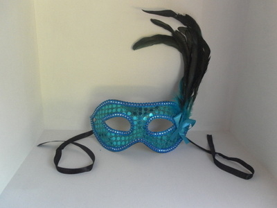 Blue Sequin & Feather Masquerade Ball / Party Mask