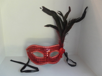 Red Sequin & Feather Masquerade Ball / Party Mask