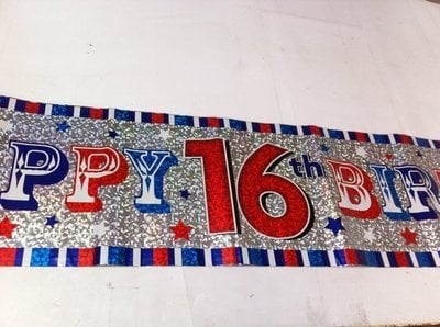 Jumbo Happy 16th Birthday Banner - Blue, Red & Silver 