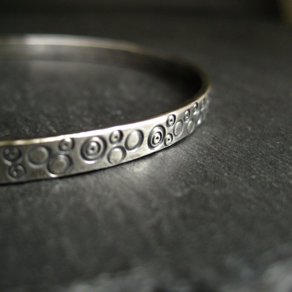Stamped Sterling Silver Bangle - Circle Design - Oxidized Finish
