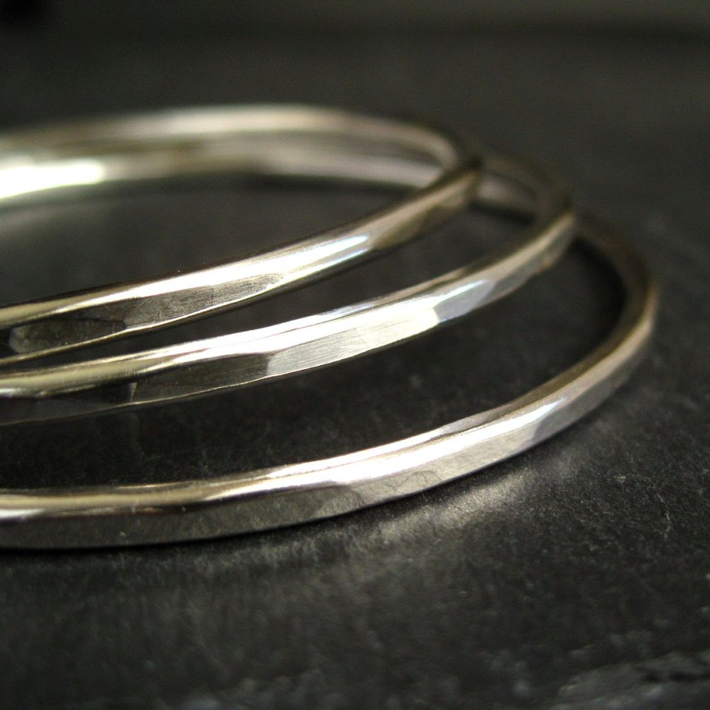 Set of Three Sterling Silver Stacking Bangles - Hammered Finish
