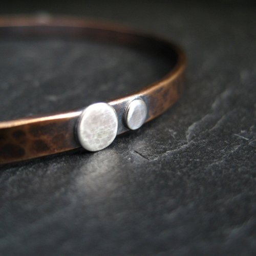 Hammered Bronze Bangle with Silver Discs - Oxidized Finish