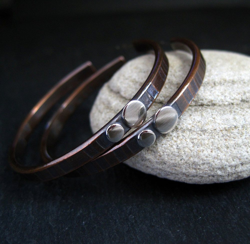 Copper Hoop Earrings With Posts and Silver Discs
