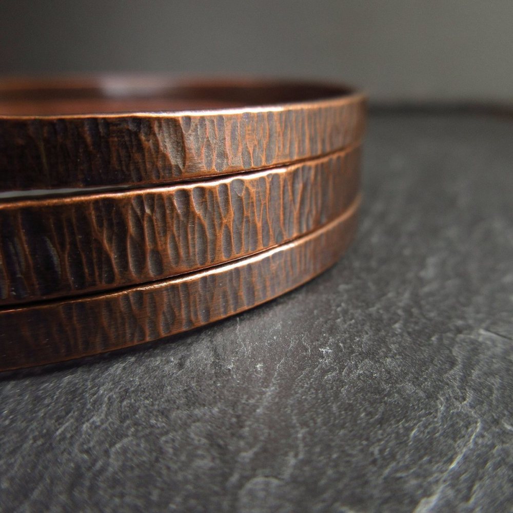 Copper Bangle Set Hammered Bark Texture Handmade
