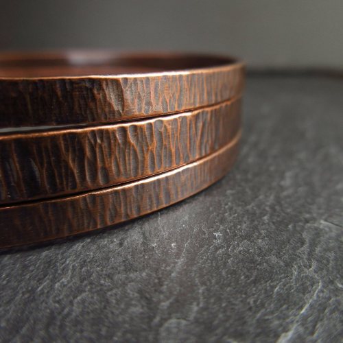 Copper Bangle Set Hammered Bark Texture Handmade