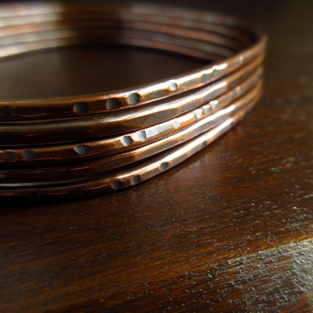 Skinny Copper Bangles - Rounded Square Shape - Set of Five
