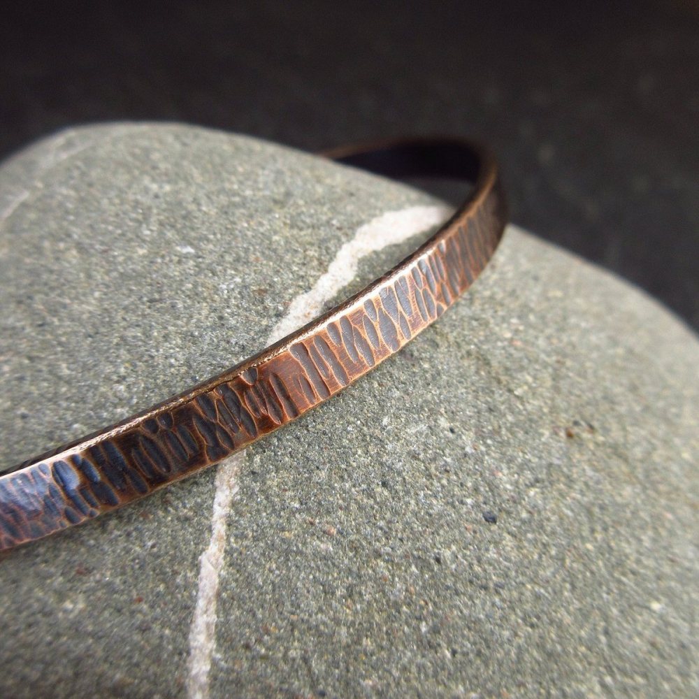 Rustic Bronze Bangle with Hammered Bark Texture - For Men and Women