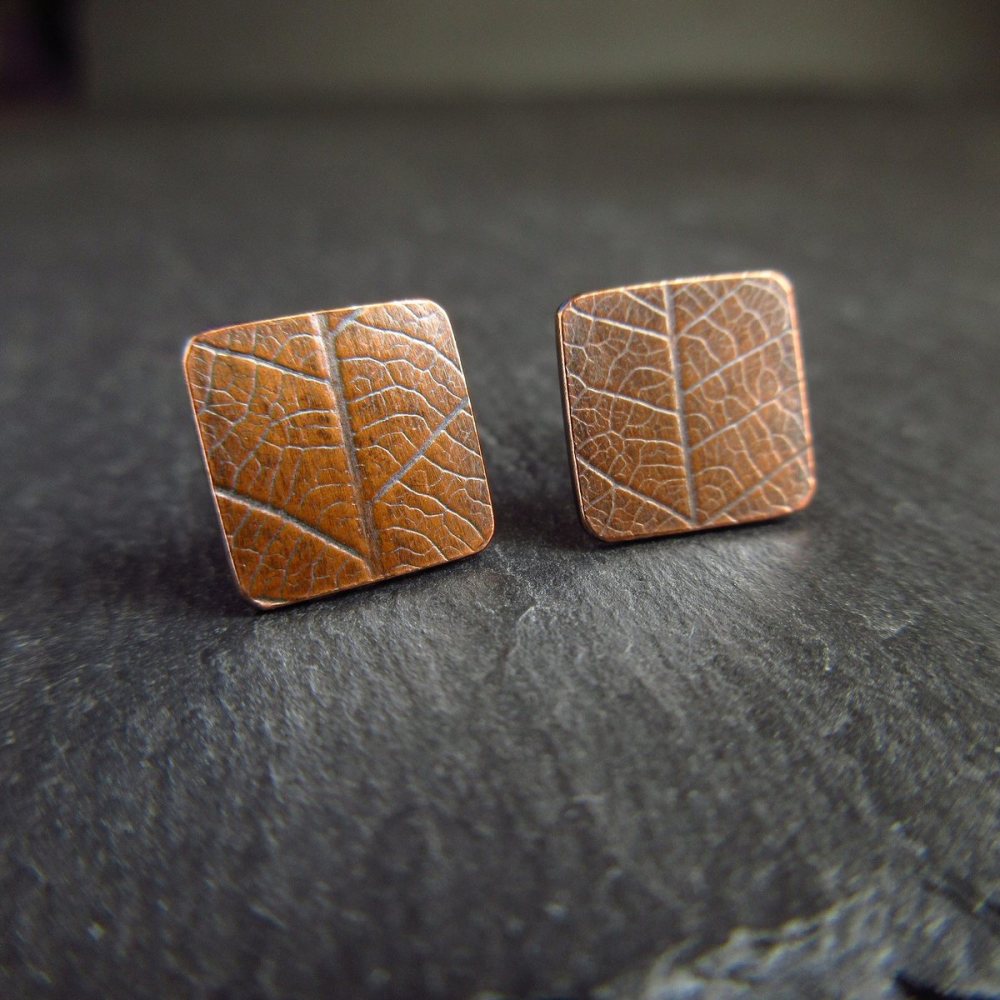 Square Copper Studs with Leaf Vein Texture