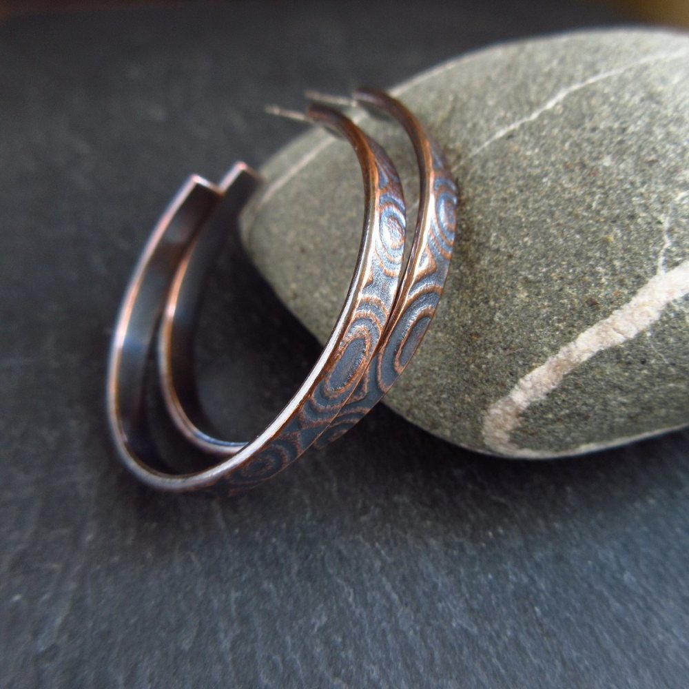 Copper Hoop Earrings With Post Fitting - Oval Pattern