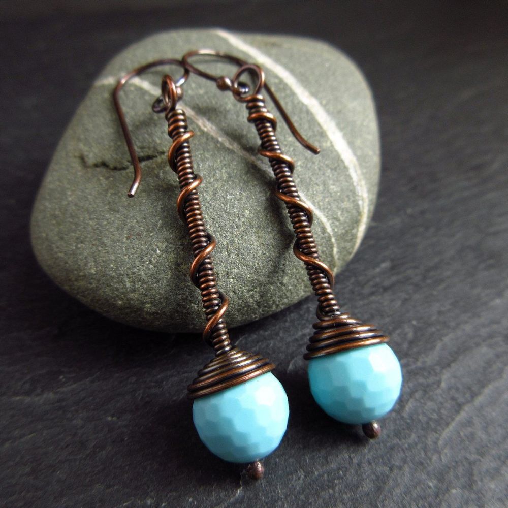 Copper Wirework Earrings with Blue Bead